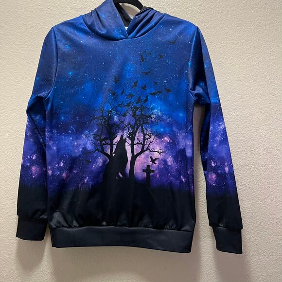 Halloween Spooky Nights Wolf Howling October Blue Hoodie Sweatshirt Sz Medium - Picture 2 of 8